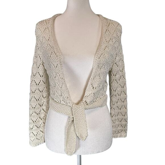 VTG 2005 Y2K The Limited White Crochet Tie Front Cardigan MEDIUM Cream Whimsy - Picture 2 of 13